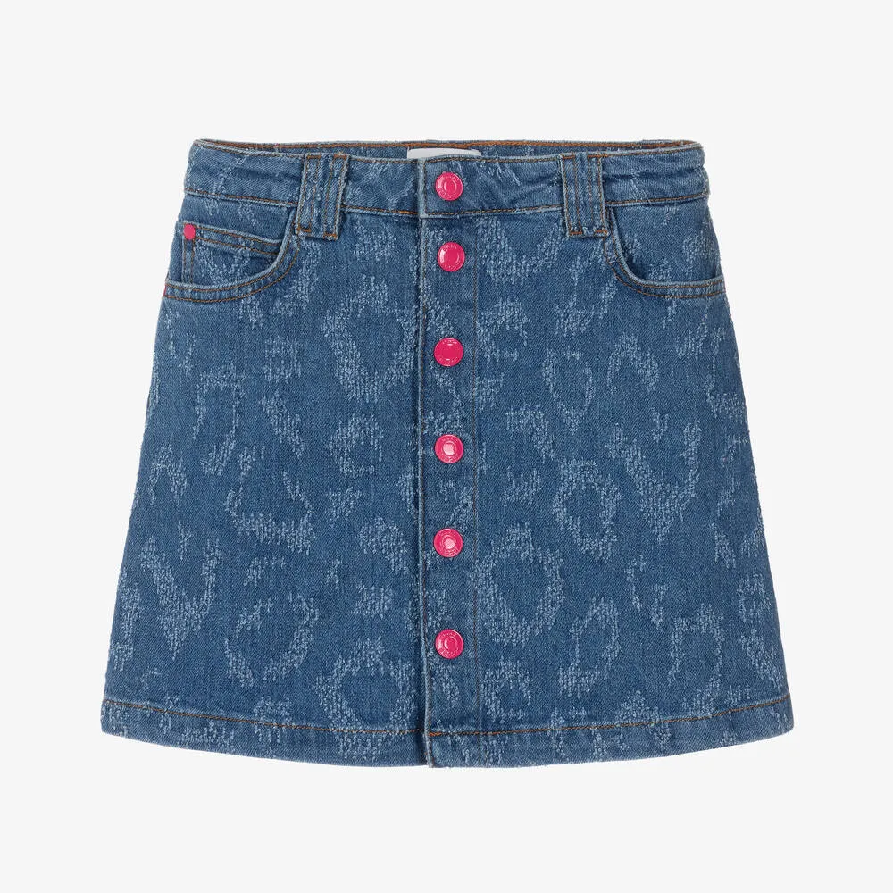 Teen Girls Blue Denim Leopard Pattern Skirt