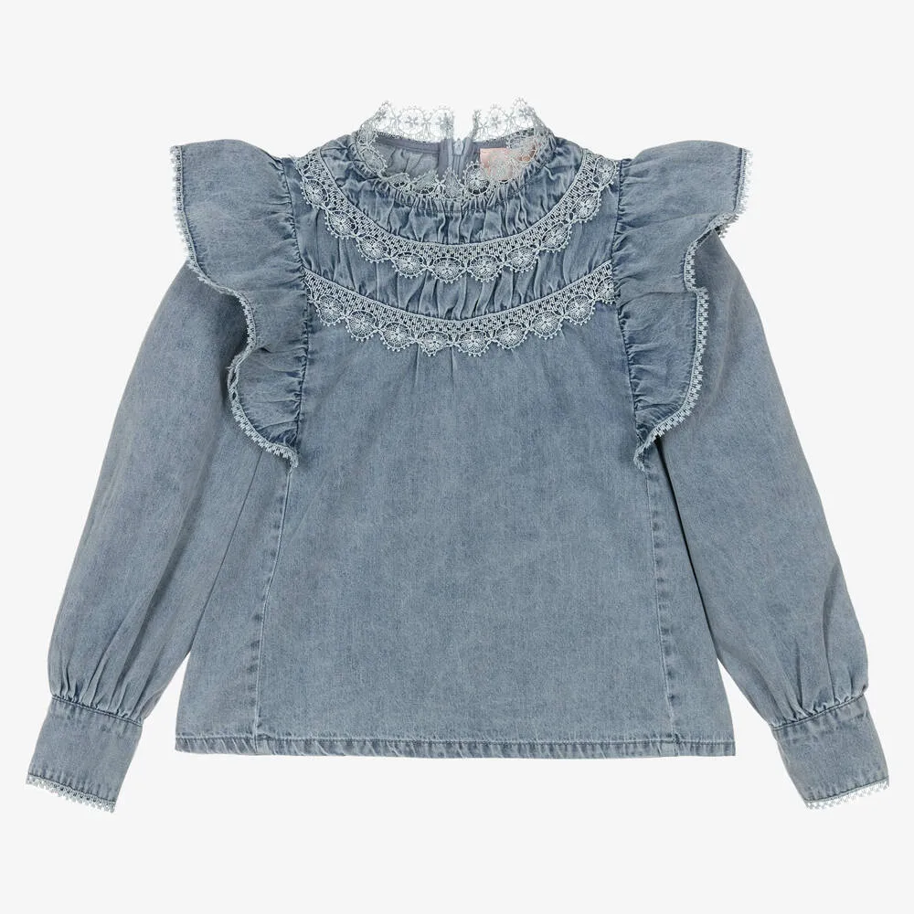 Teen Girls Blue Washed Denim Blouse