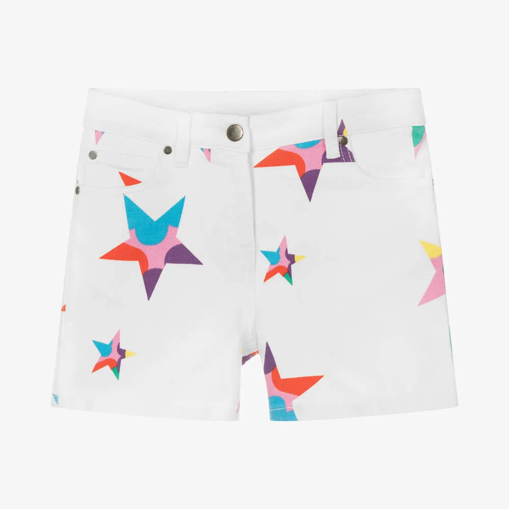 Teen Girls White Star Print Denim Shorts