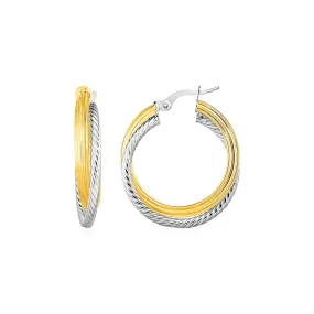 Two Part Textured and Shiny Hoop Earrings in 14k Yellow and White Gold-rx55983