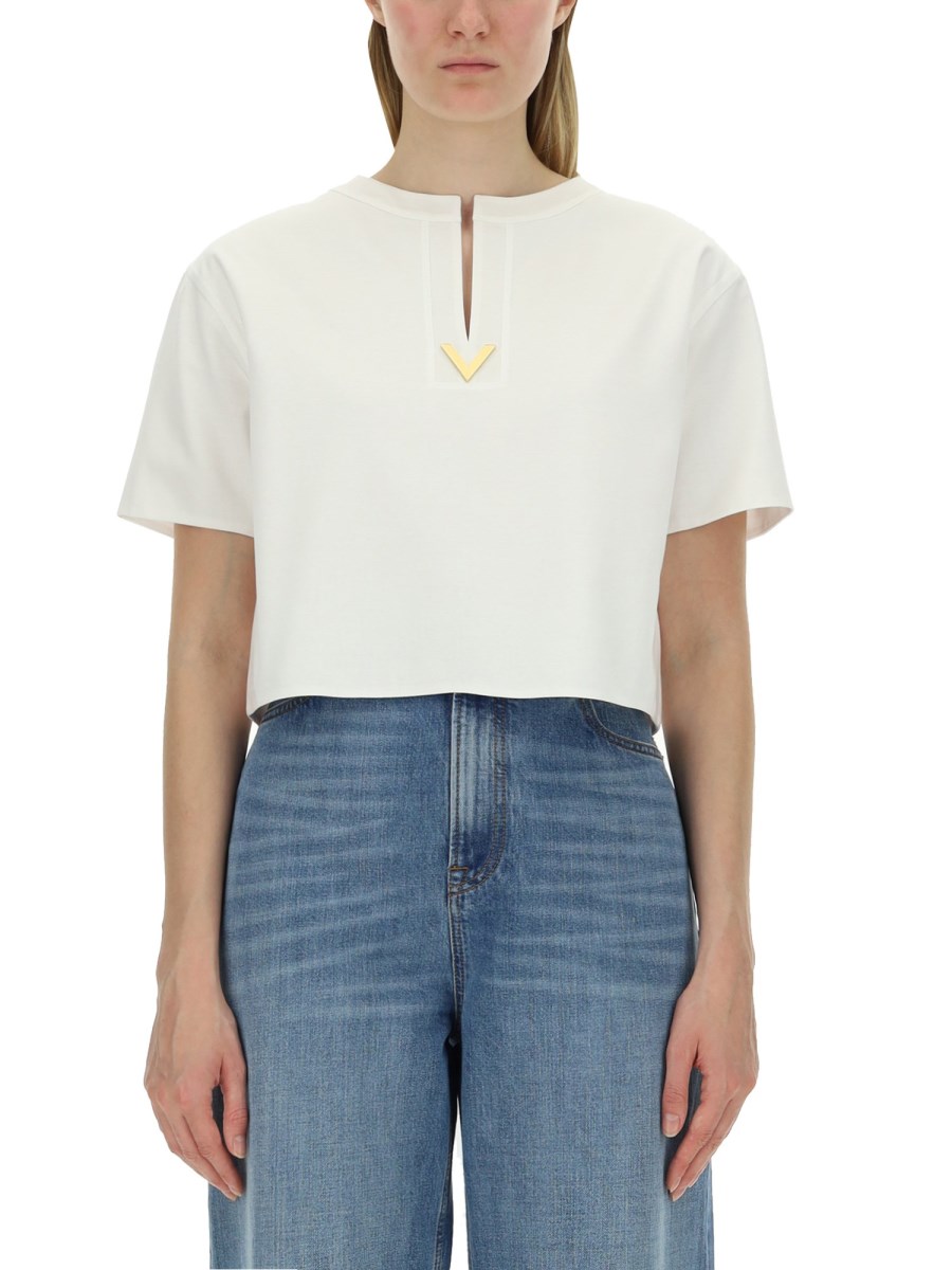 VALENTINO    COTTON JERSEY T-SHIRT WITH V DETAIL