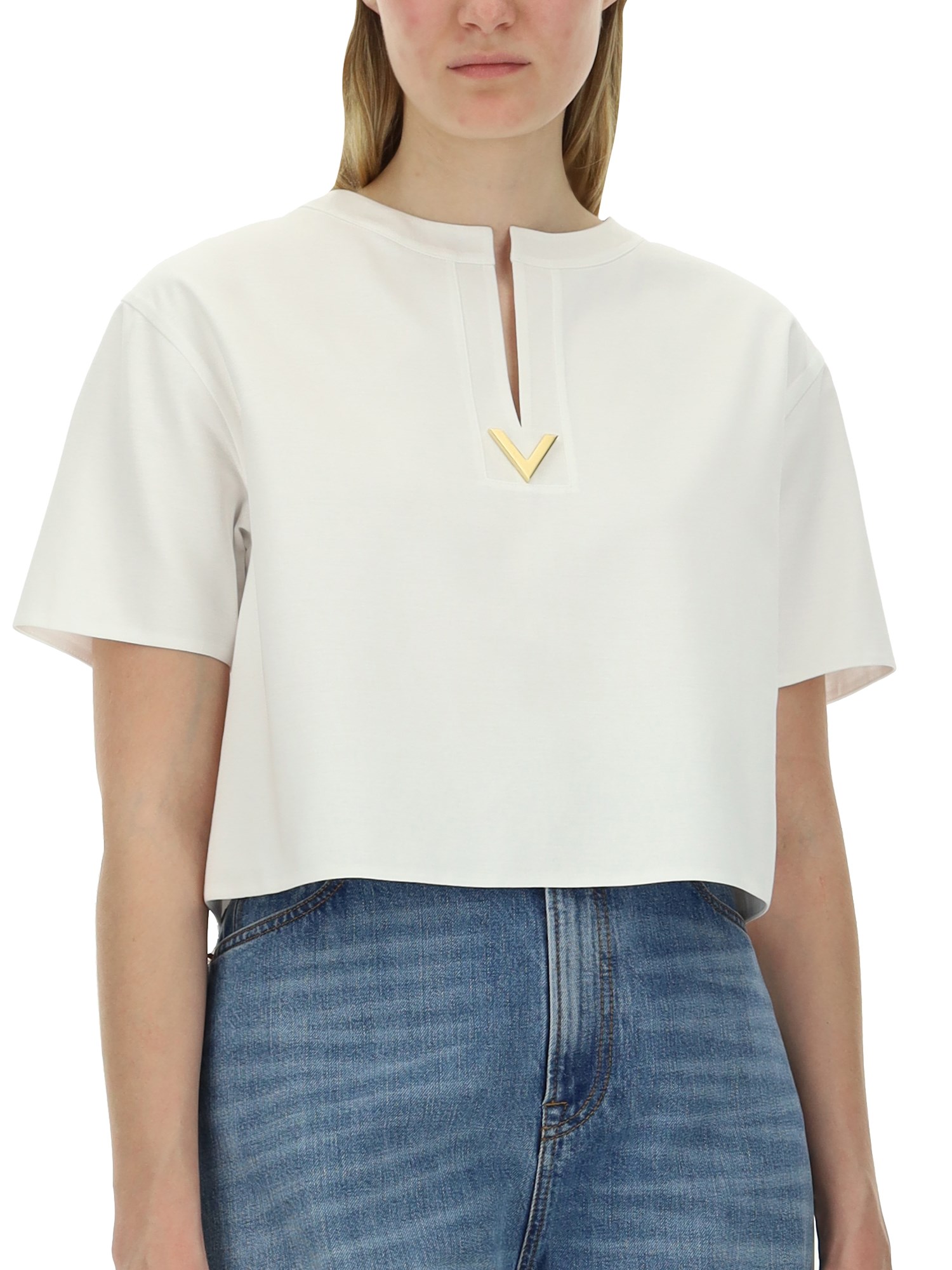 VALENTINO    COTTON JERSEY T-SHIRT WITH V DETAIL