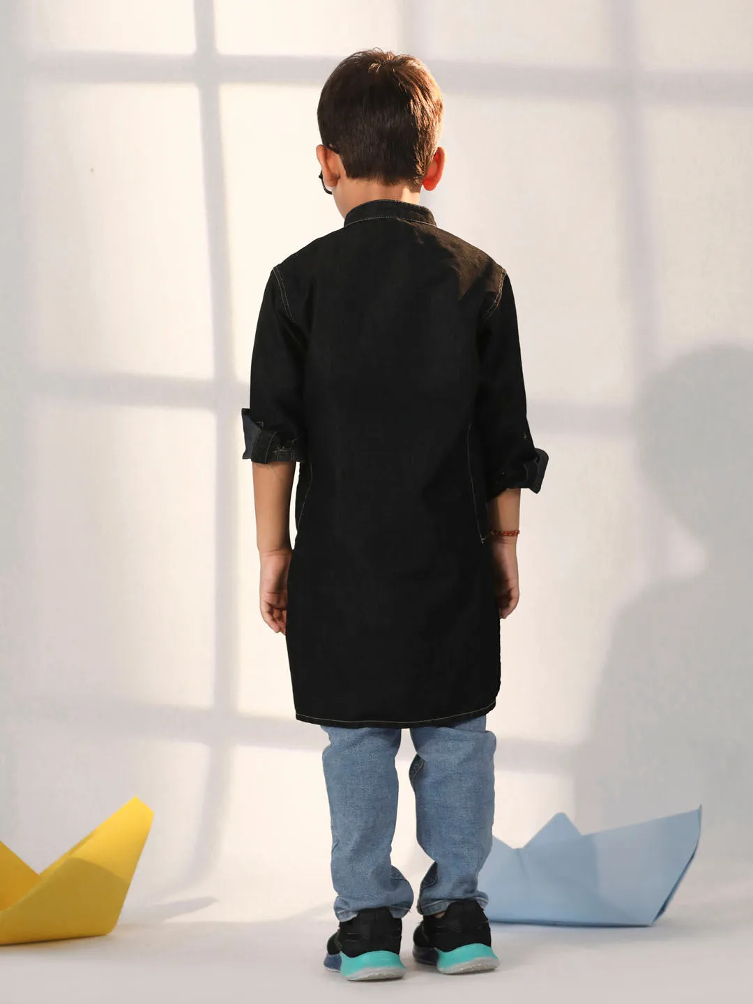 VASTRAMAY Boys' Black Denim Kurta