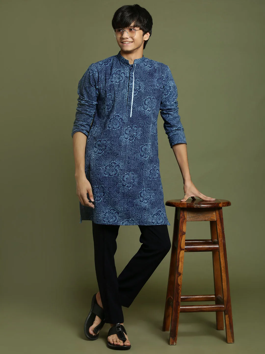 VASTRAMAY Boys Indigo Denim Printed Kurta