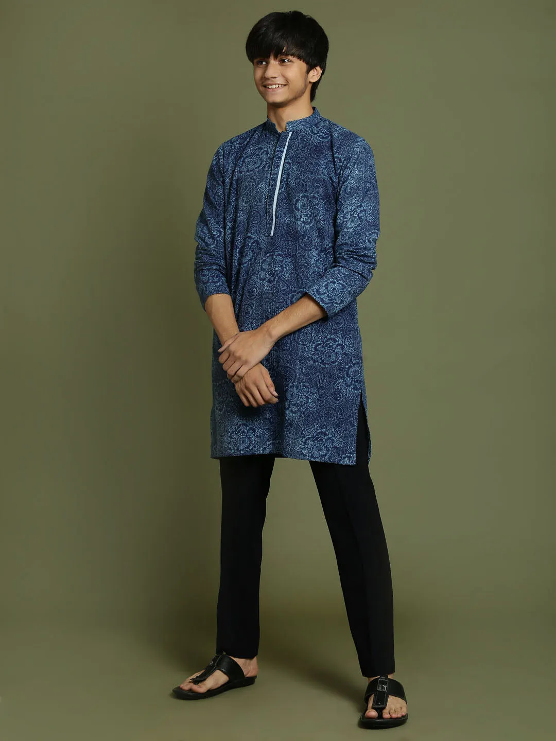 VASTRAMAY Boys Indigo Denim Printed Kurta