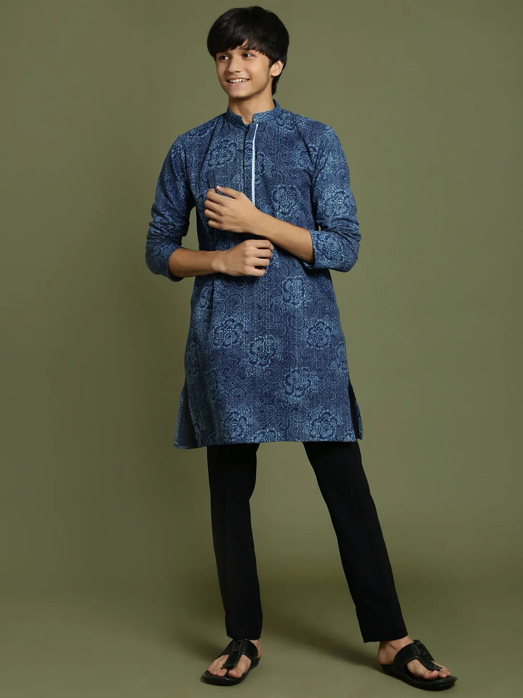 VASTRAMAY Boys Indigo Denim Printed Kurta