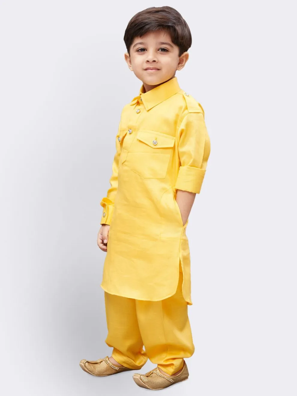 VASTRAMAY Boys' Yellow Cotton Pathani