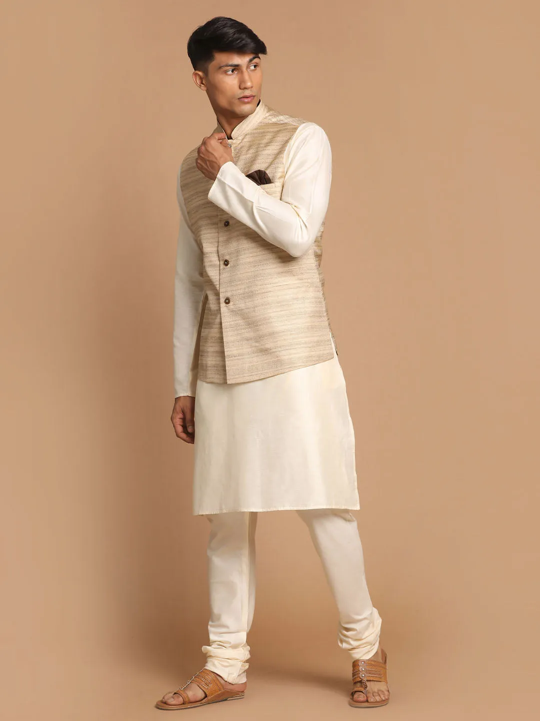 VASTRAMAY Men's Beige Textured Slim-Fit Nehru Jacket With Cream Colored Kurta Pajama Set