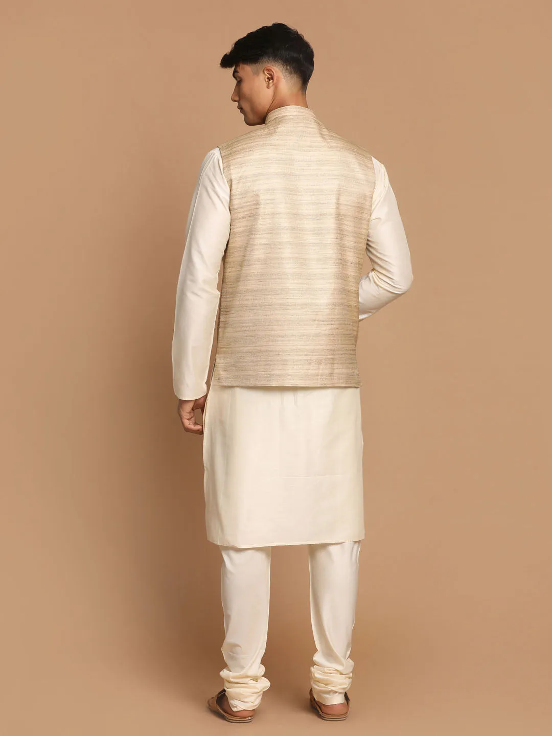 VASTRAMAY Men's Beige Textured Slim-Fit Nehru Jacket With Cream Colored Kurta Pajama Set