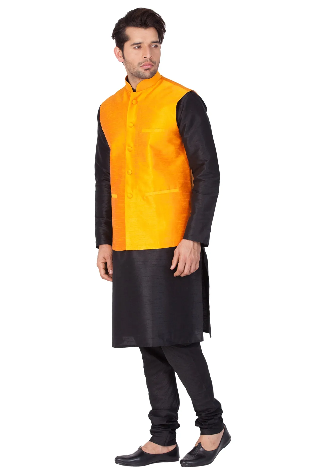 VASTRAMAY Men's Black Cotton Silk Blend Kurta, Ethnic Jacket and Pyjama Set