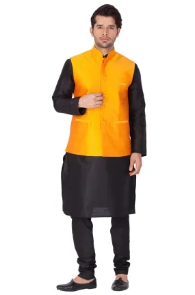 VASTRAMAY Men's Black Cotton Silk Blend Kurta, Ethnic Jacket and Pyjama Set