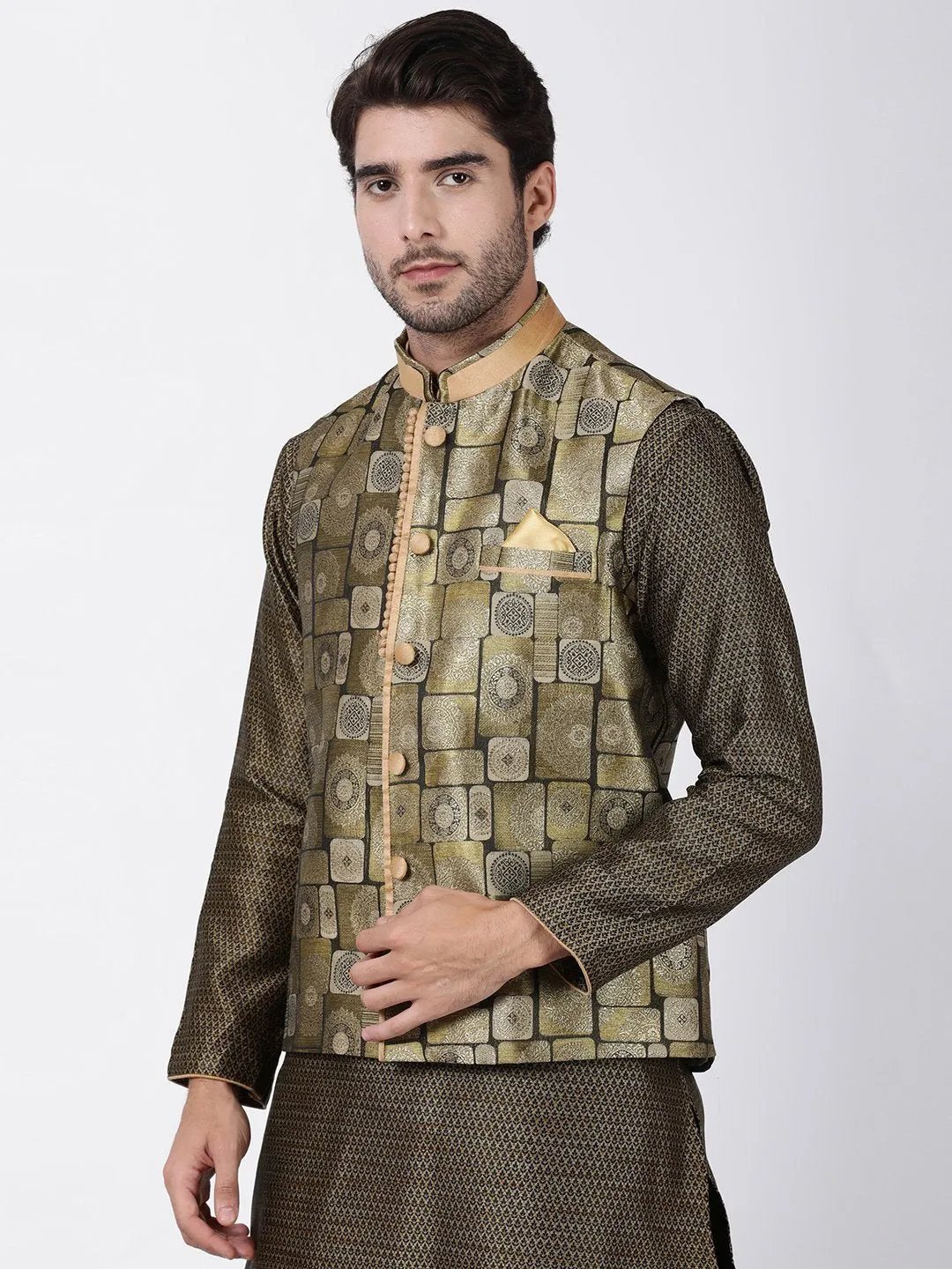 VASTRAMAY Men's Gold Cotton Silk Blend Ethnic Jacket