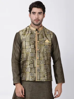 VASTRAMAY Men's Gold Cotton Silk Blend Ethnic Jacket