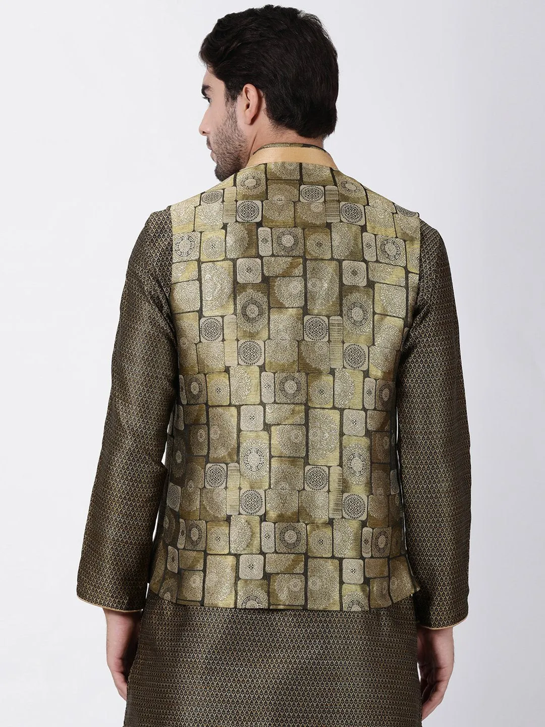 VASTRAMAY Men's Gold Cotton Silk Blend Ethnic Jacket