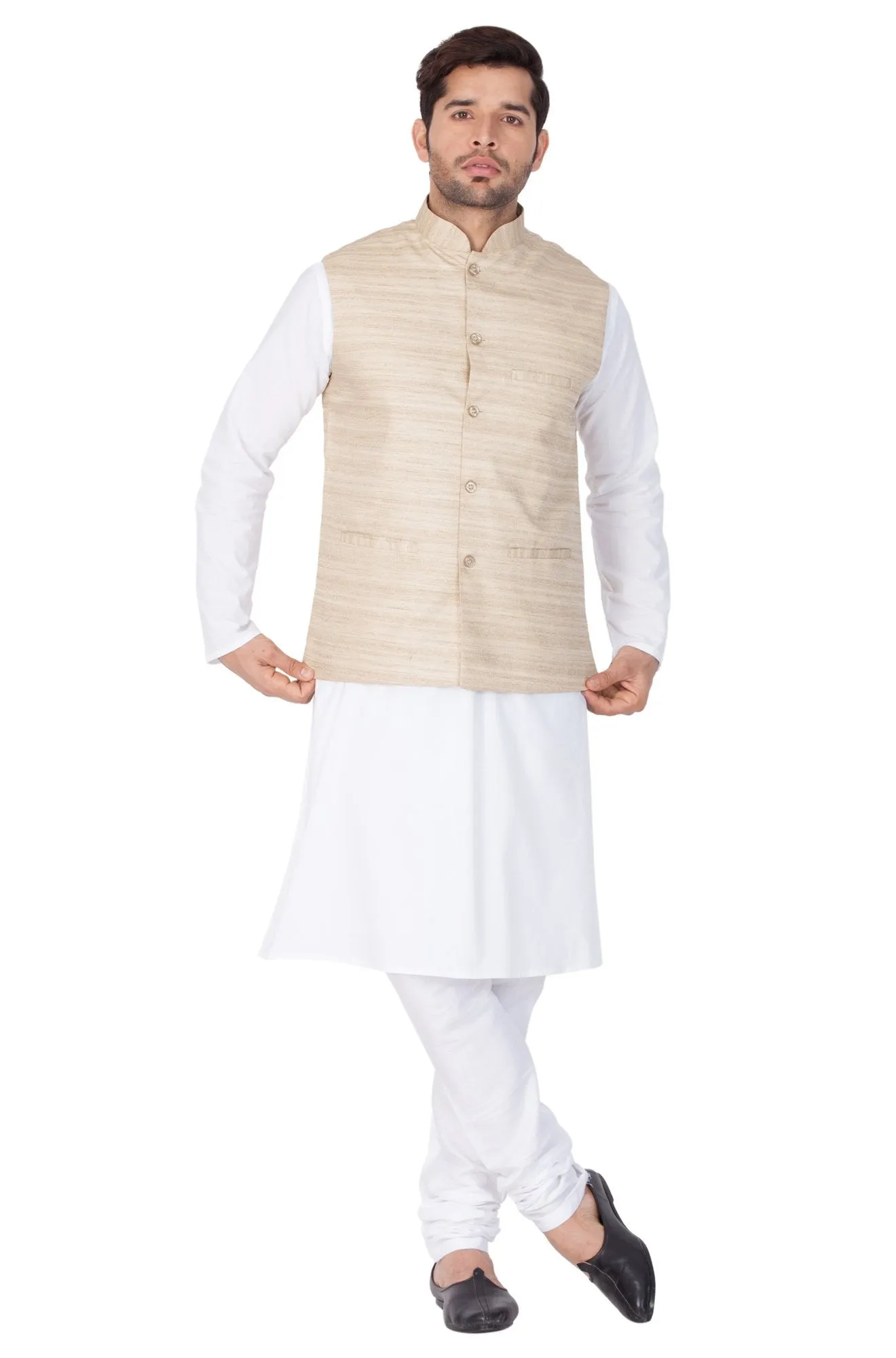 VASTRAMAY Men's White Cotton Blend Kurta, Ethnic Jacket and Pyjama Set