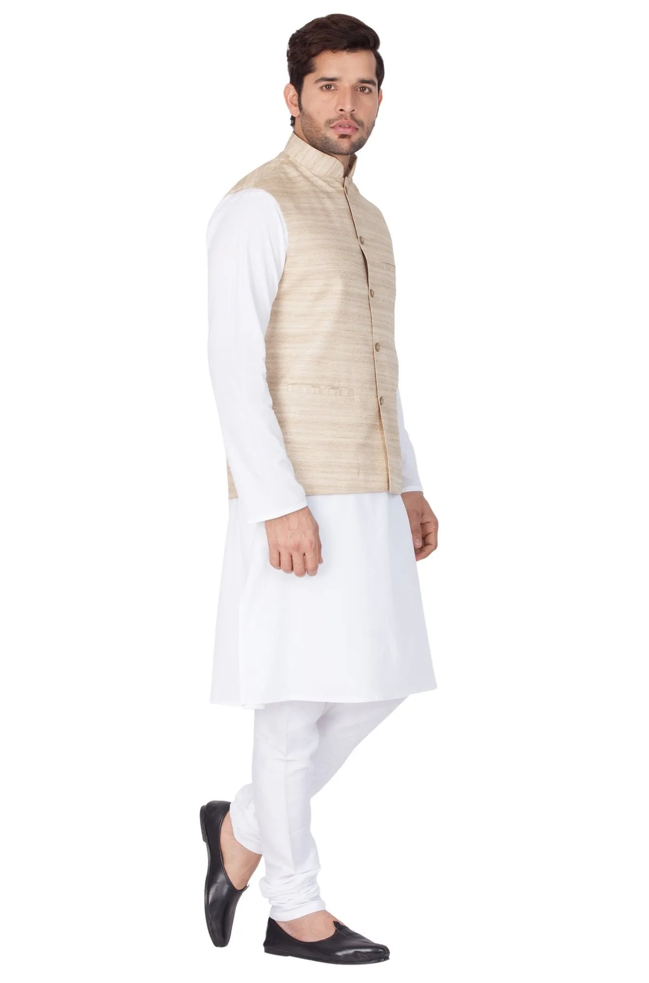 VASTRAMAY Men's White Cotton Blend Kurta, Ethnic Jacket and Pyjama Set