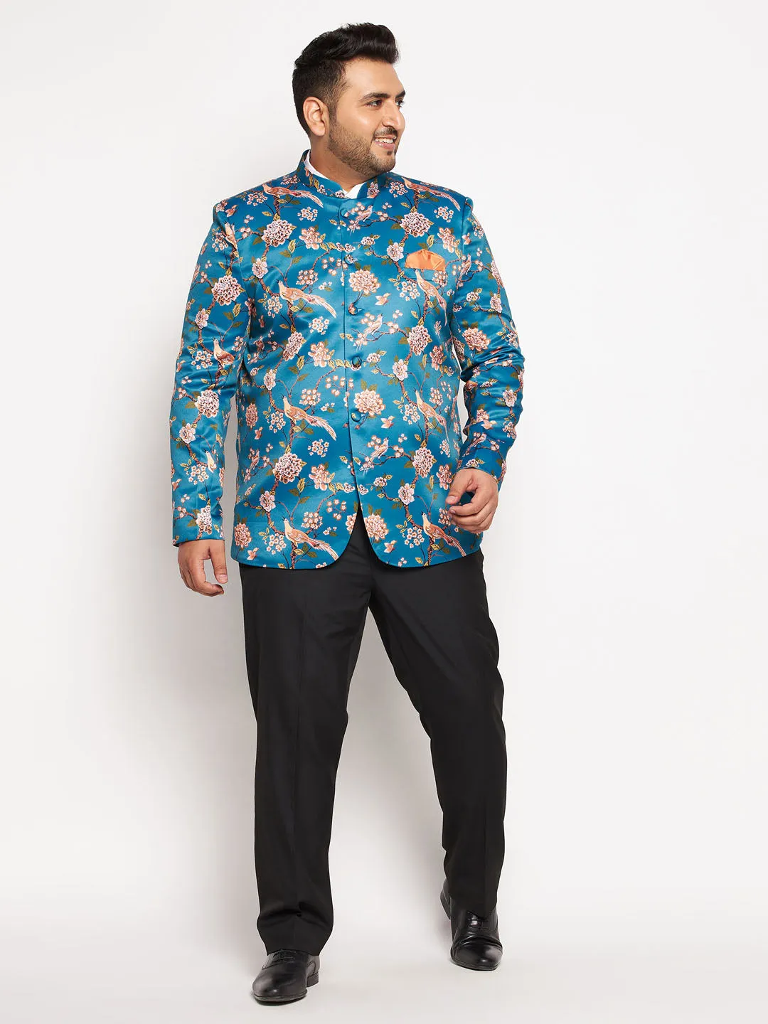 VASTRAMAY Plus Size Men's Turquoise Silk Blend Jodhpuri