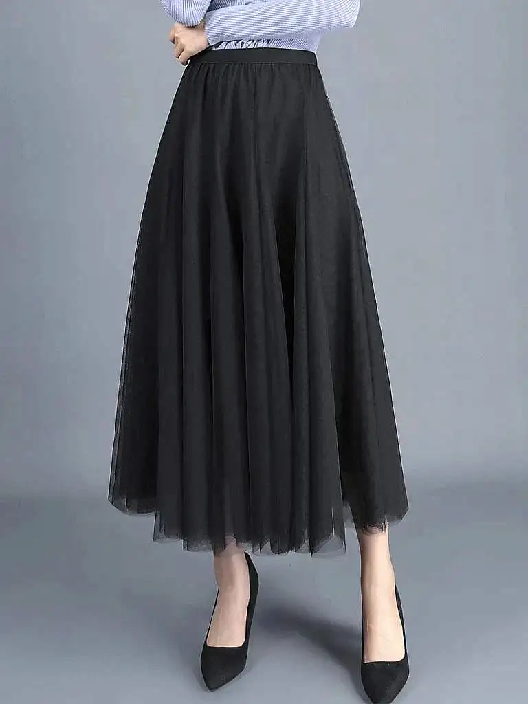 Vintage Style Women's Pleated Tulle Maxi Skirt