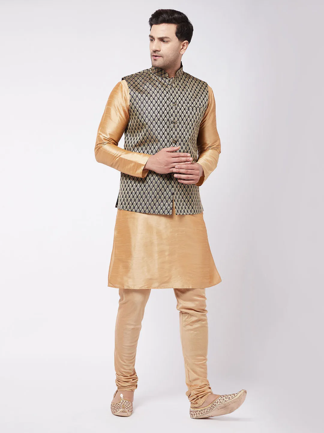 VM BY VASTRAMAY Men's Rose Gold Silk Blend Kurta And Pyjama With Black Woven Nehru Jacket