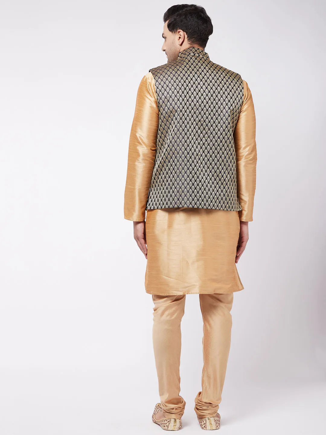 VM BY VASTRAMAY Men's Rose Gold Silk Blend Kurta And Pyjama With Black Woven Nehru Jacket