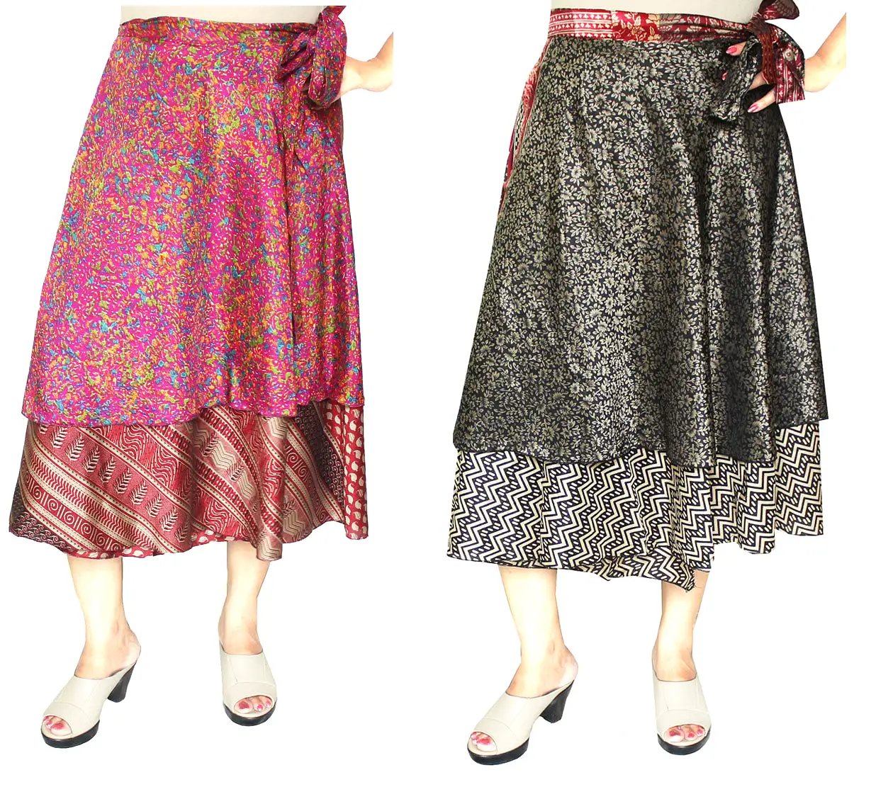 Wholesale 2 Pcs Lot Two Layers Women's Indian Sari Magic Wrap Around Skirt