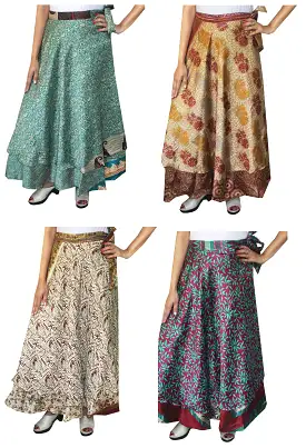 Wholesale 4 Pcs Lot Two Layers Women's Indian Sari Magic Wrap Around Long Skirt