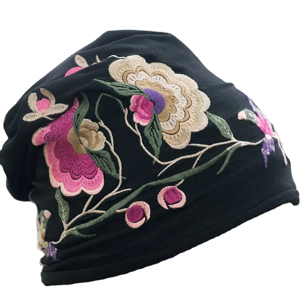 Women Cotton Embroidery Flower Printing Ethnic Style Beanie Hat Breathable Turban Cap