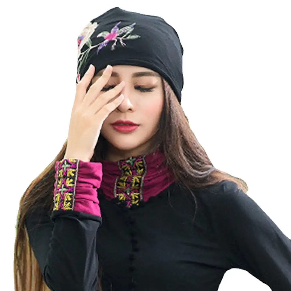 Women Cotton Embroidery Flower Printing Ethnic Style Beanie Hat Breathable Turban Cap