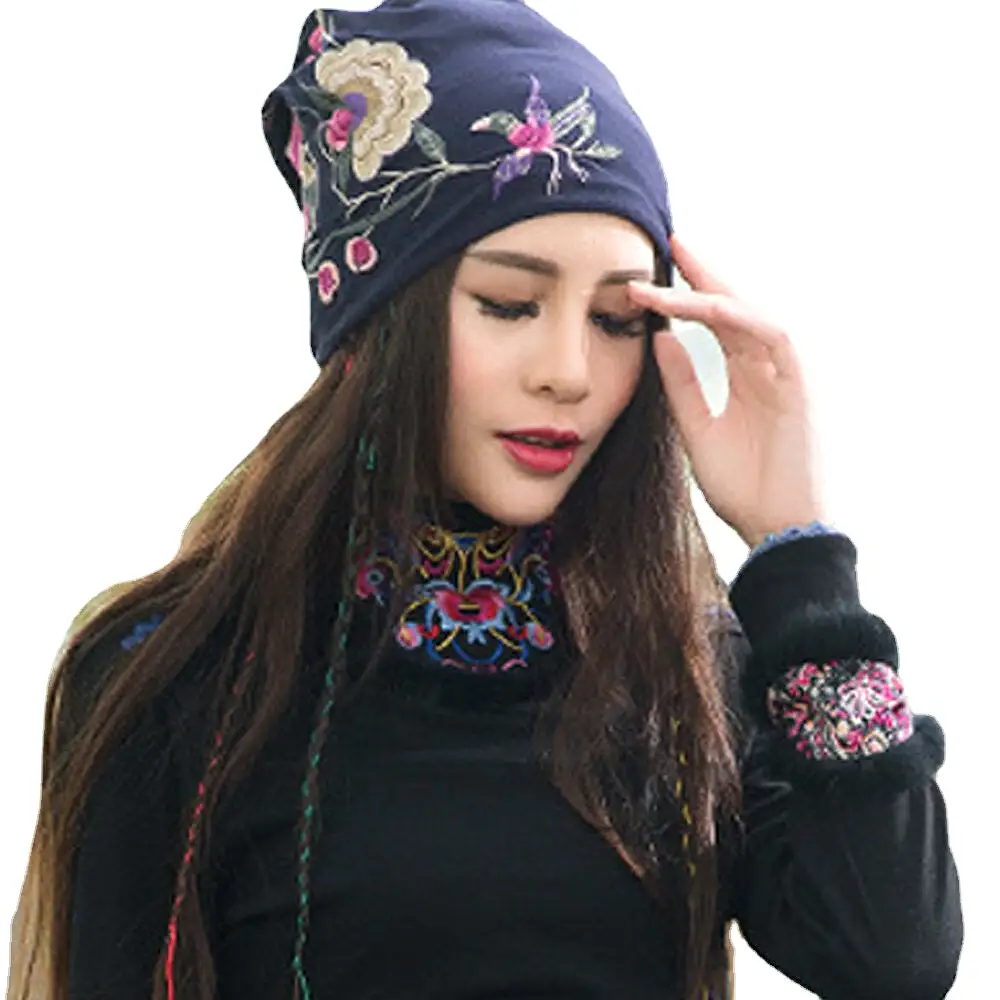 Women Cotton Embroidery Flower Printing Ethnic Style Beanie Hat Breathable Turban Cap