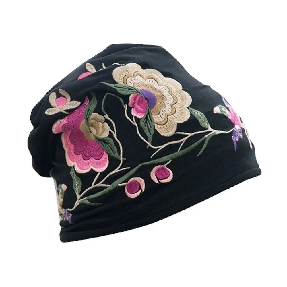 Women Cotton Embroidery Flower Printing Ethnic Style Beanie Hat Breathable Turban Cap