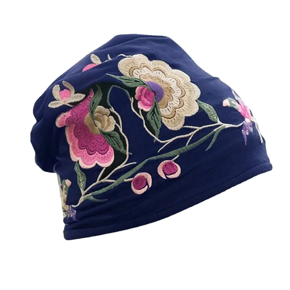 Women Cotton Embroidery Flower Printing Ethnic Style Beanie Hat Breathable Turban Cap