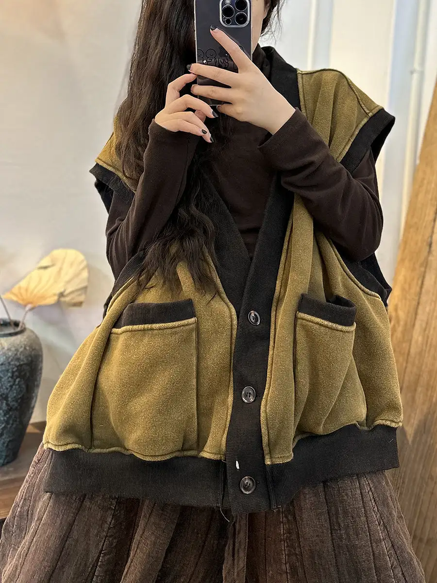 Women Winter Vintage Cotton V-Neck Padded Vest