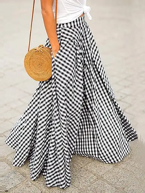 Women's Black and Blue Gingham Maxi Plaid Skirt with Pockets - S, M, L