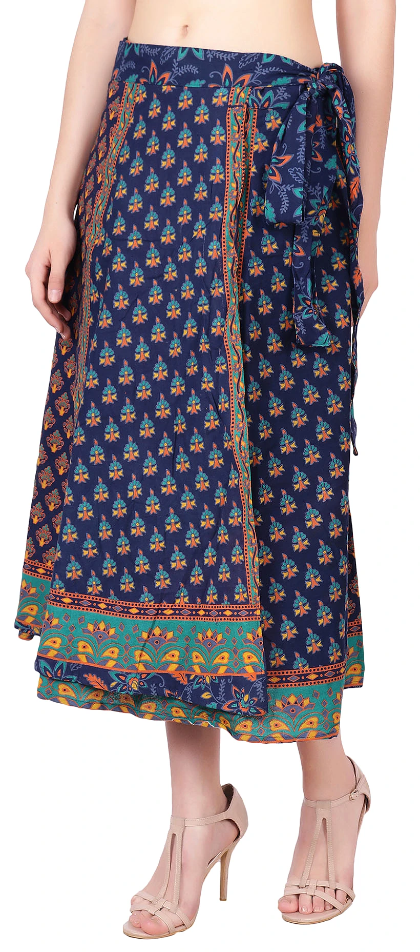 Women's Cotton Wrap Around Skirt Block Printed (Blue, One Size)