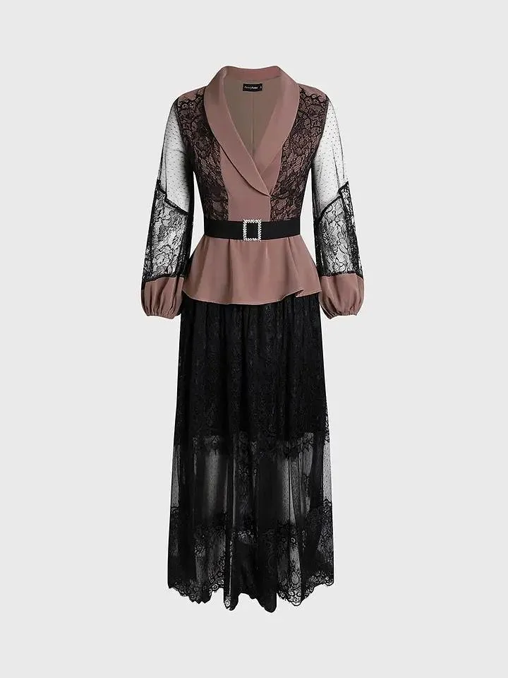 Women's Fashion Lace skirt and belt set, puff sleeves S4926833