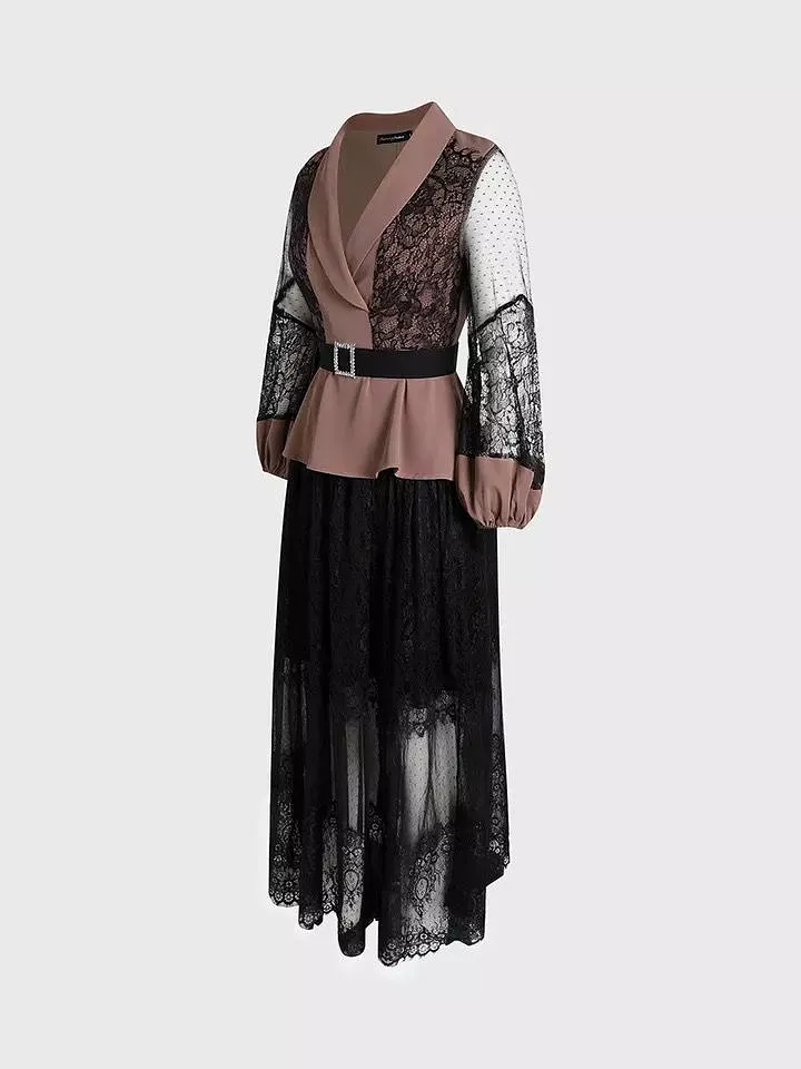 Women's Fashion Lace skirt and belt set, puff sleeves S4926833