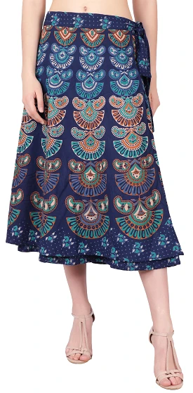 Women's Long Cotton Wrap Around Skirt Elegant India Clothes (Blue, One Size)