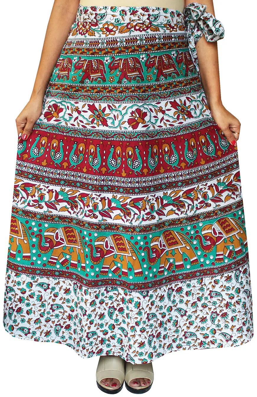 Women's Printed Long Cotton Wrap Around India Skirt (Green, One Size)