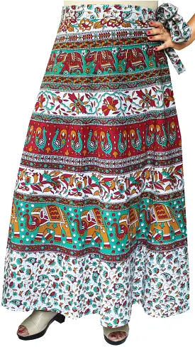 Women's Printed Long Cotton Wrap Around India Skirt (Green, One Size)