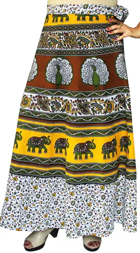 Women's Printed Long Cotton Wrap Around India Skirt (Yellow, One Size)