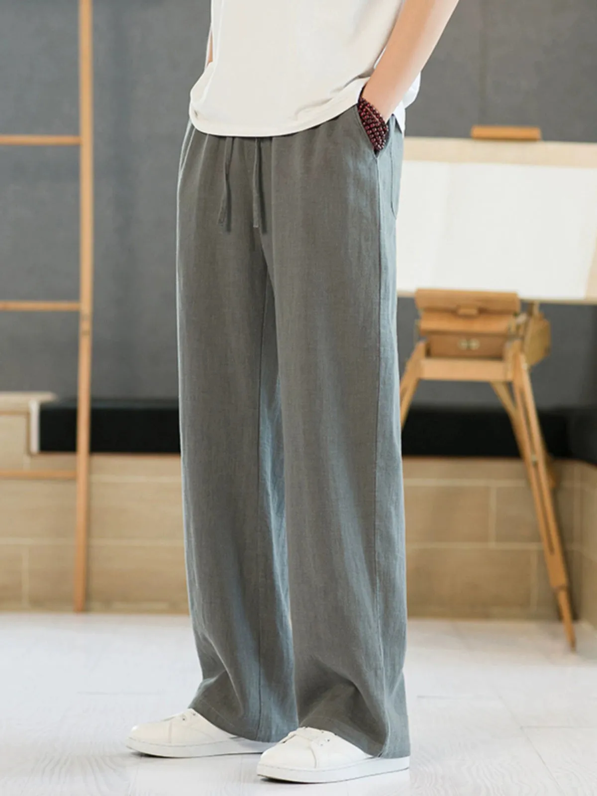 Xituodai Loose Straight-leg Men Casual Summer Drape Linen Pants