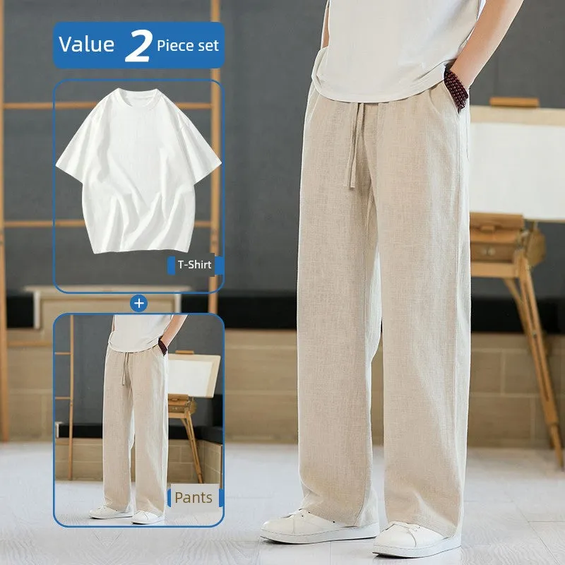 Xituodai Loose Straight-leg Men Casual Summer Drape Linen Pants