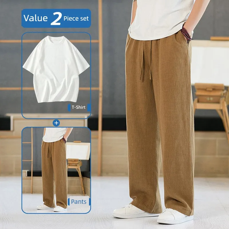 Xituodai Loose Straight-leg Men Casual Summer Drape Linen Pants