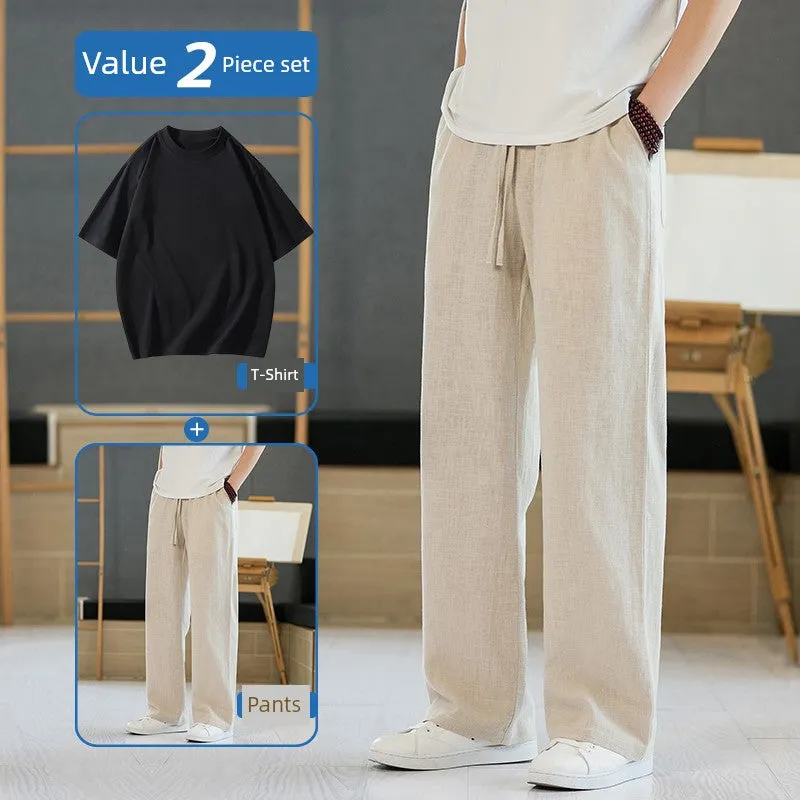 Xituodai Loose Straight-leg Men Casual Summer Drape Linen Pants