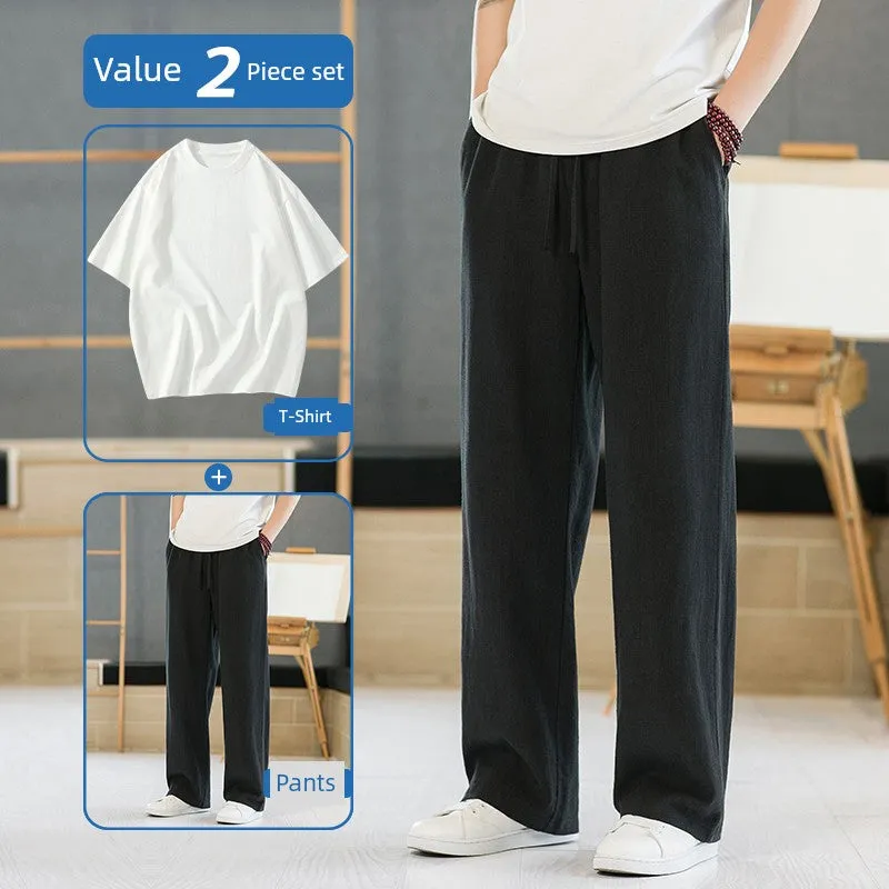 Xituodai Loose Straight-leg Men Casual Summer Drape Linen Pants