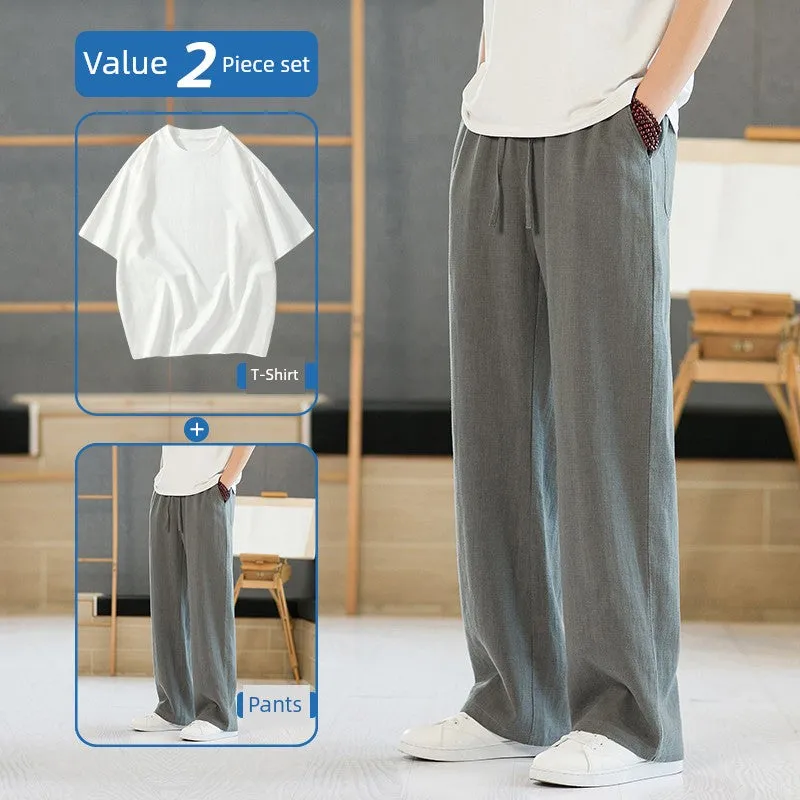 Xituodai Loose Straight-leg Men Casual Summer Drape Linen Pants