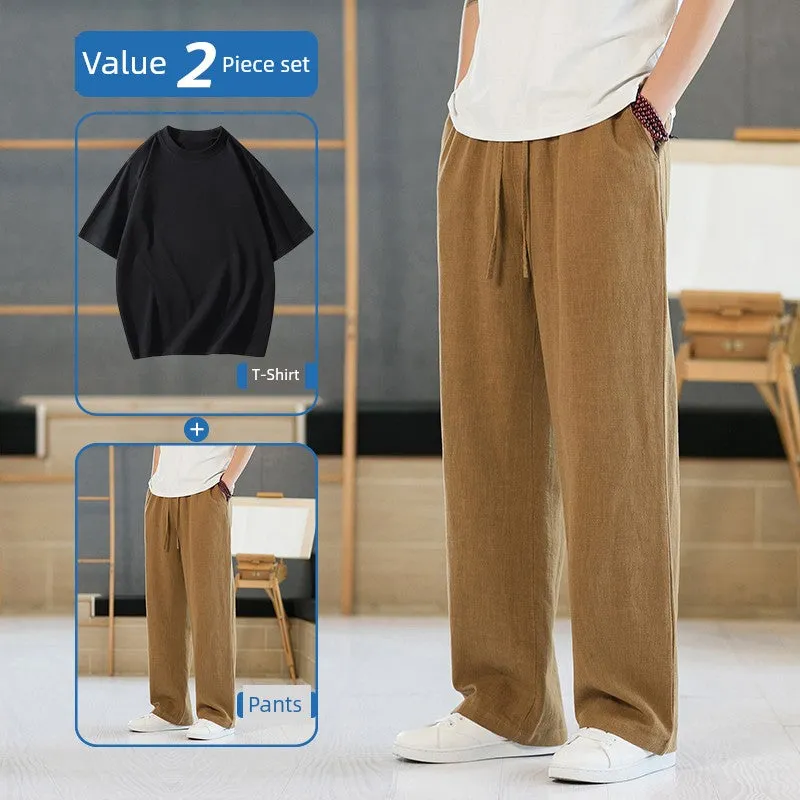 Xituodai Loose Straight-leg Men Casual Summer Drape Linen Pants