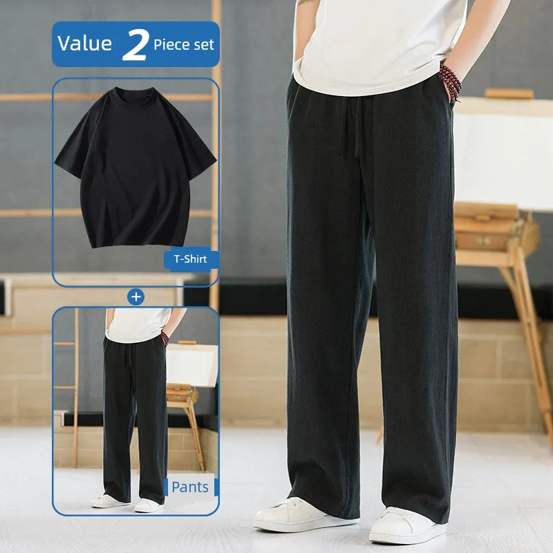 Xituodai Loose Straight-leg Men Casual Summer Drape Linen Pants