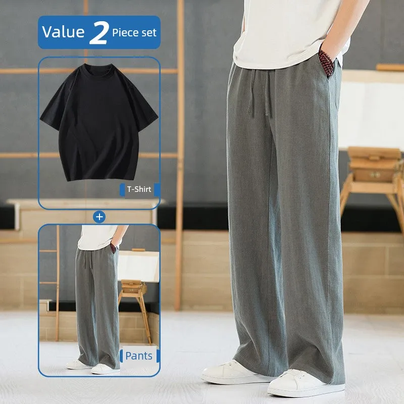 Xituodai Loose Straight-leg Men Casual Summer Drape Linen Pants