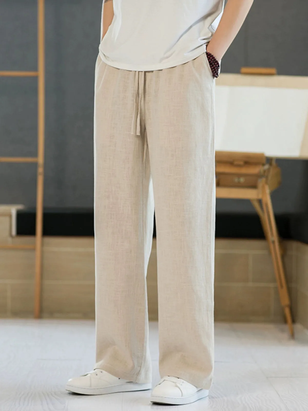 Xituodai Loose Straight-leg Men Casual Summer Drape Linen Pants